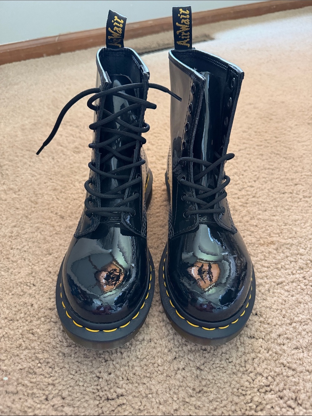 Dr. Martens Black Patent Lace-Up Boots with Yellow Stitching